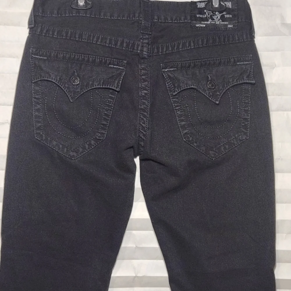 True Religion Ricky Straight Denim Jeans Jet‎ Black w/Flaps 32x35 Super T Stitch
